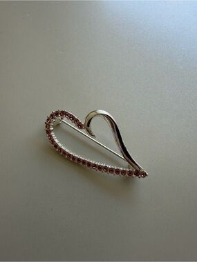 Roman Signed Silver Heart Brooch with Pink Crystal Accents